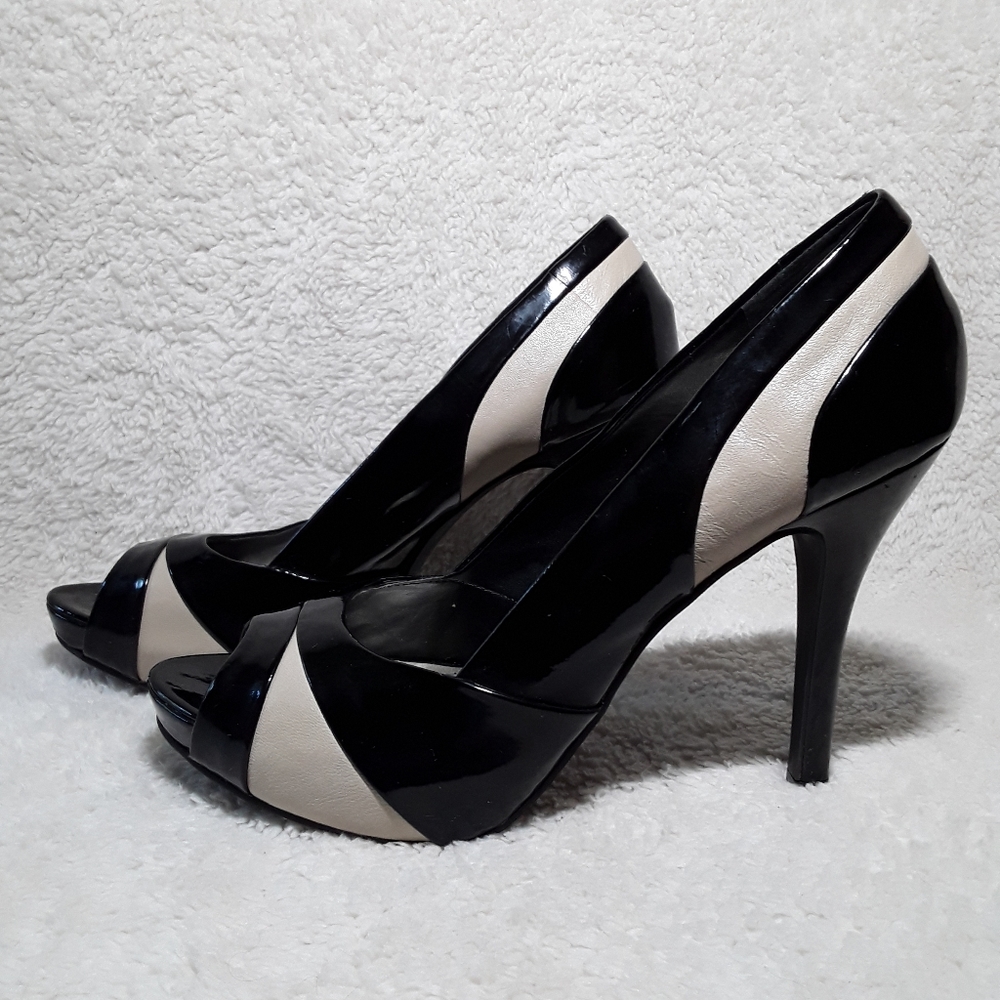 Nine West Leather Black/Beige Peep Toe Pumps Sz7.5 - Picture 2 of 13